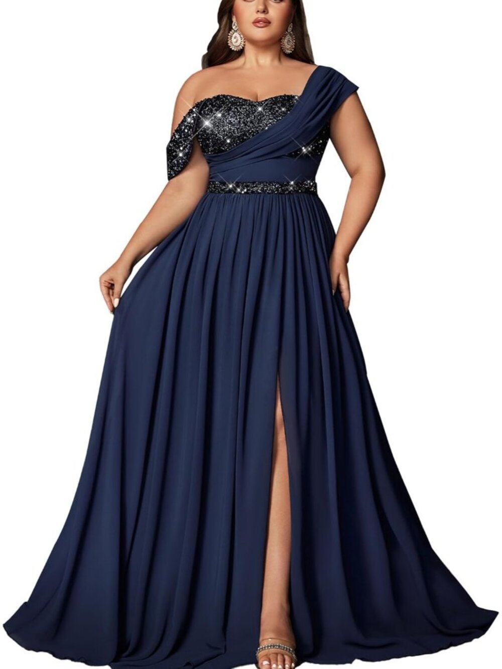 Women's Navy Blue Plus Size Sequin Bridesmaid A LINE Cocktail Prom Maxi Dress